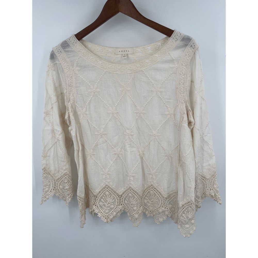 ADIVA Cream lace scallop 3/4 sleeve boho cottage core blouse top size L